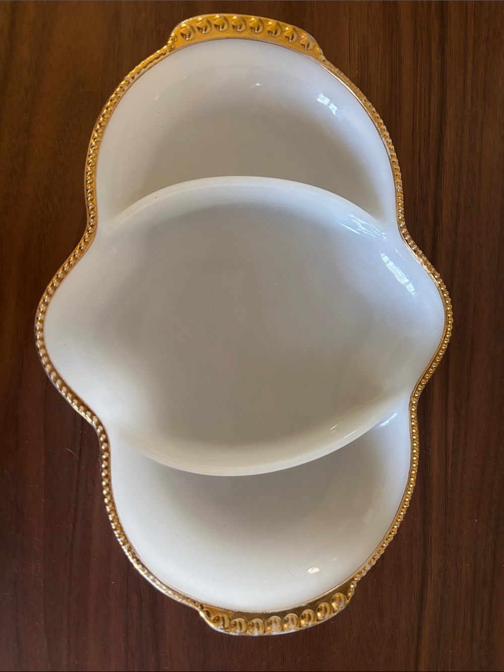 Fire King divided milk glass dish with gold trim
